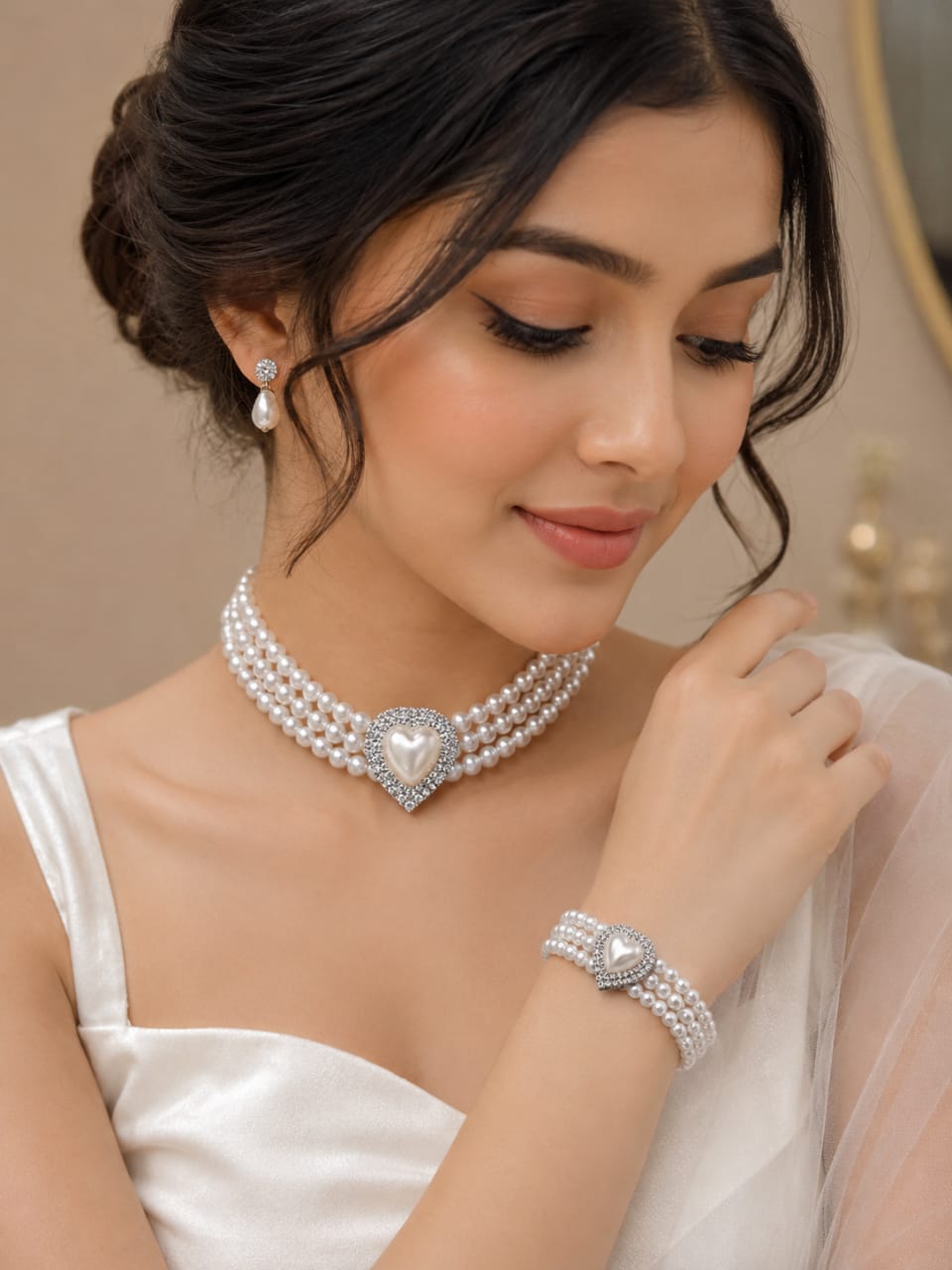 Royal Pearl Heart Choker Set