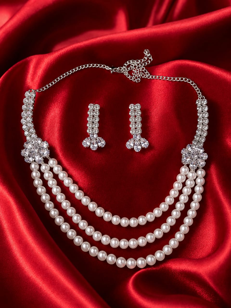 Elegant 3 layer pearl and crystal necklace set