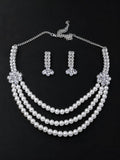 Elegant 3 layer pearl and crystal necklace set
