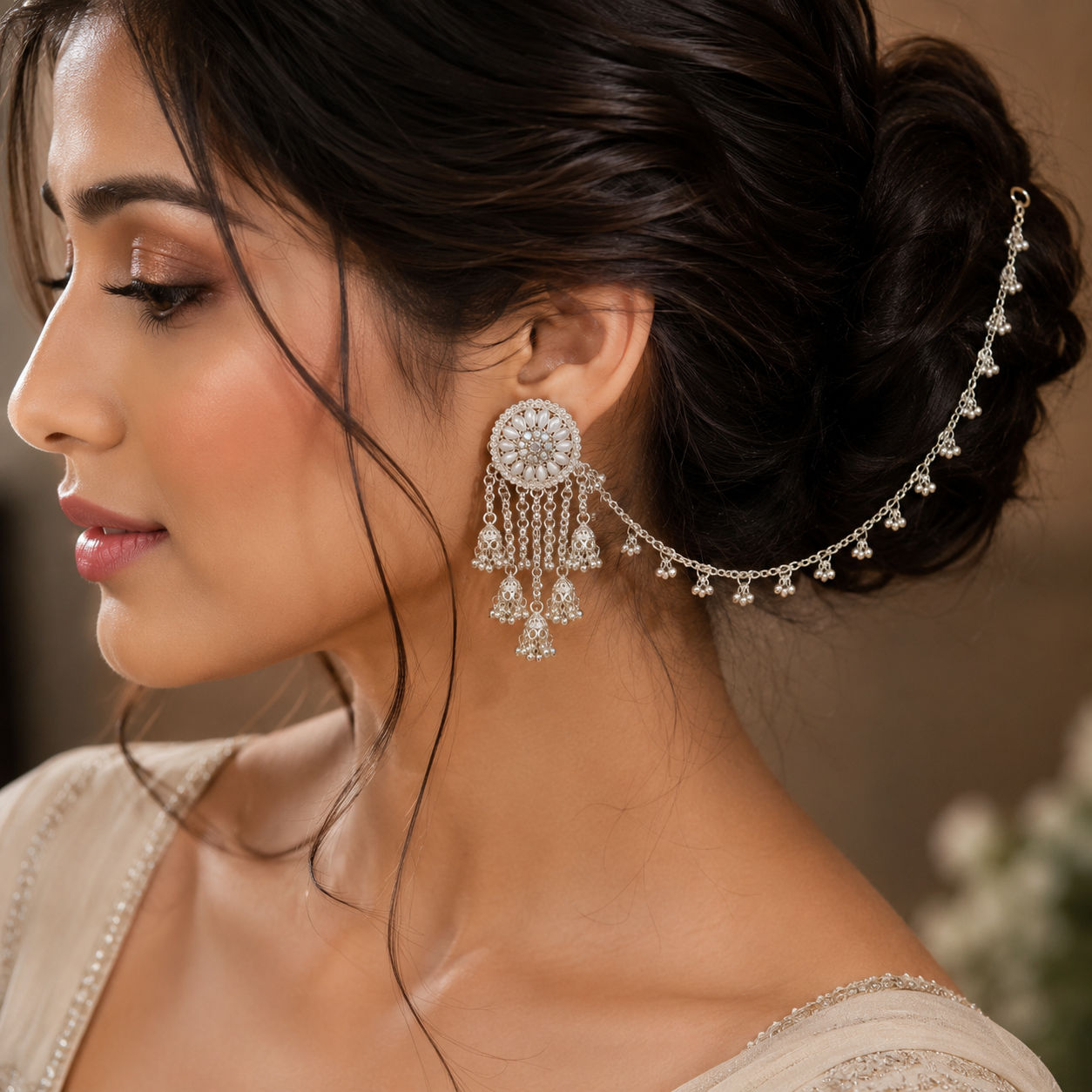 Silver Floral Chandbali Tassel Earrings