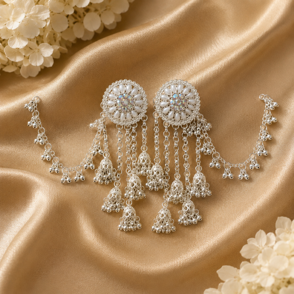Silver Floral Chandbali Tassel Earrings