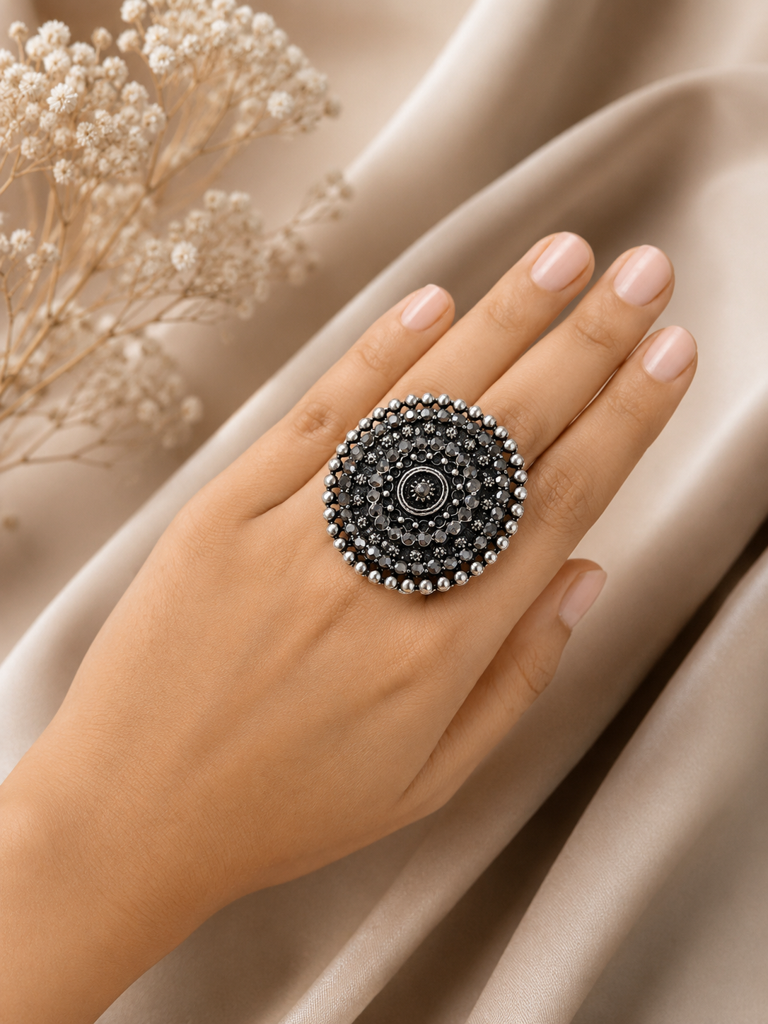 Vintage Oxidized Crystal Statement Ring