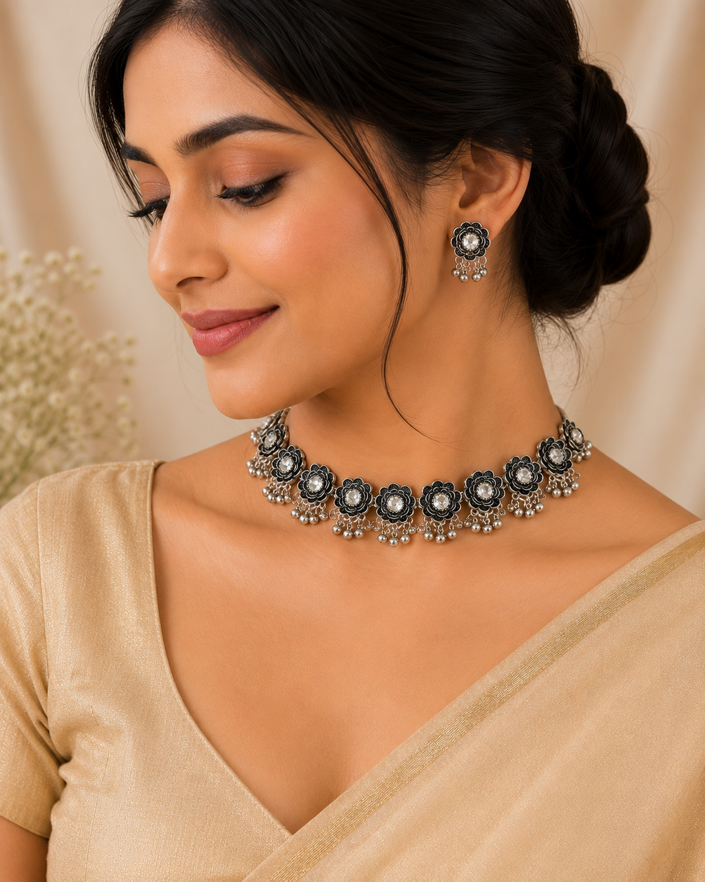 Oxidised Floral Choker Set