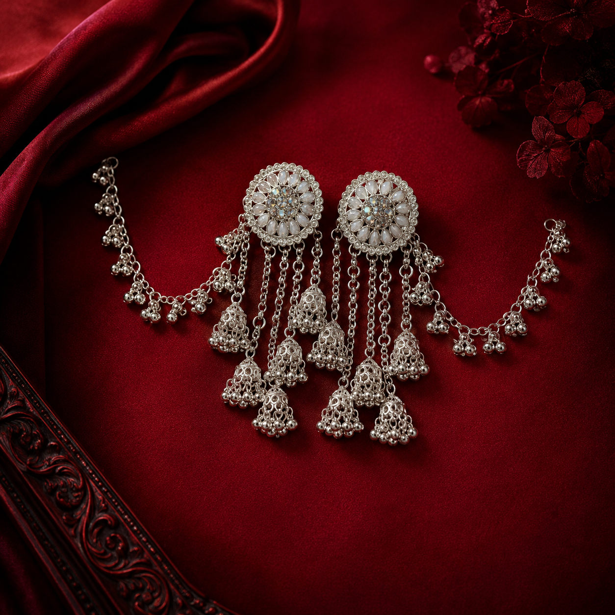 Silver Floral Chandbali Tassel Earrings