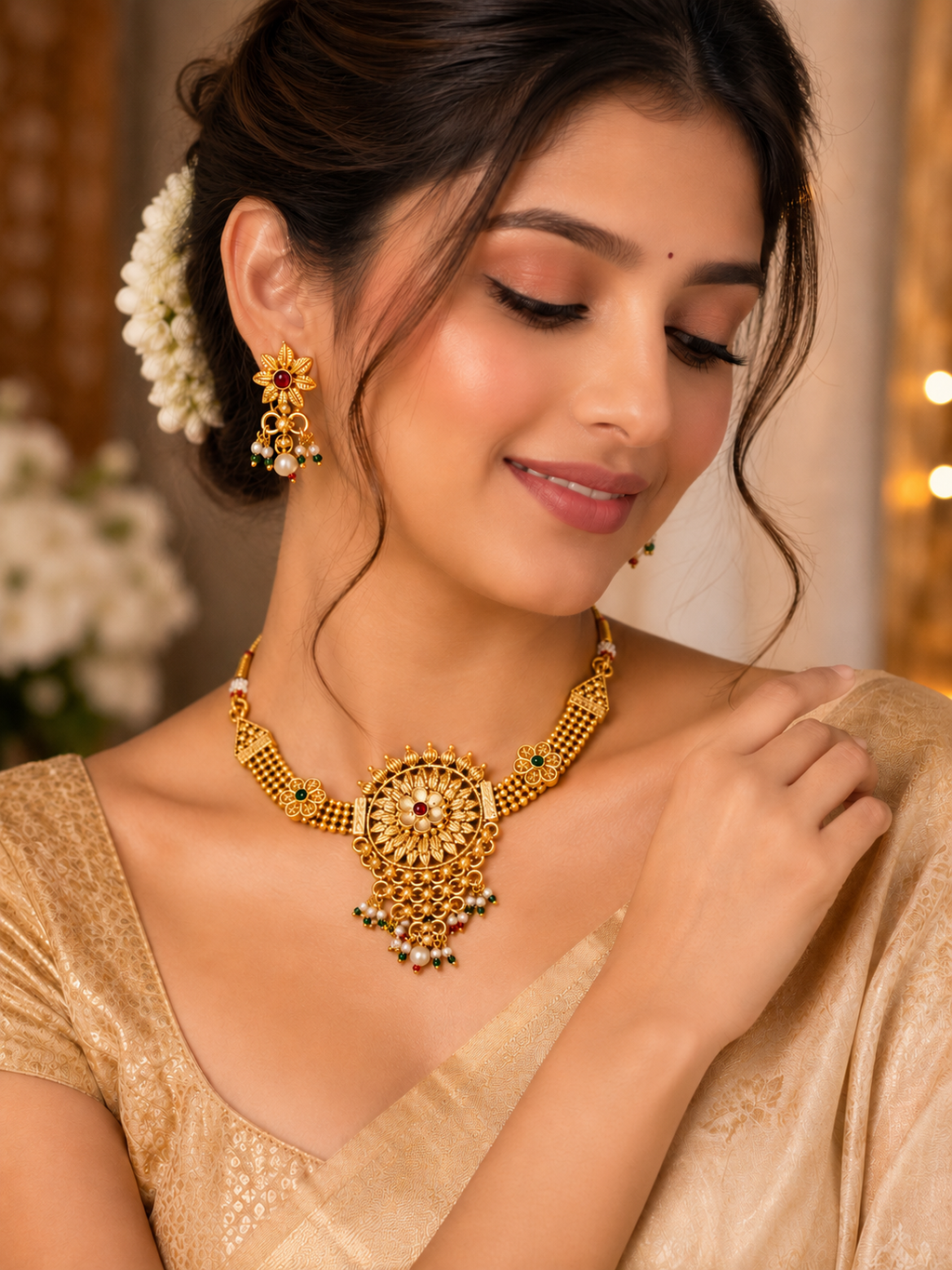 Antique Gold Floral Choker Set with Earrings