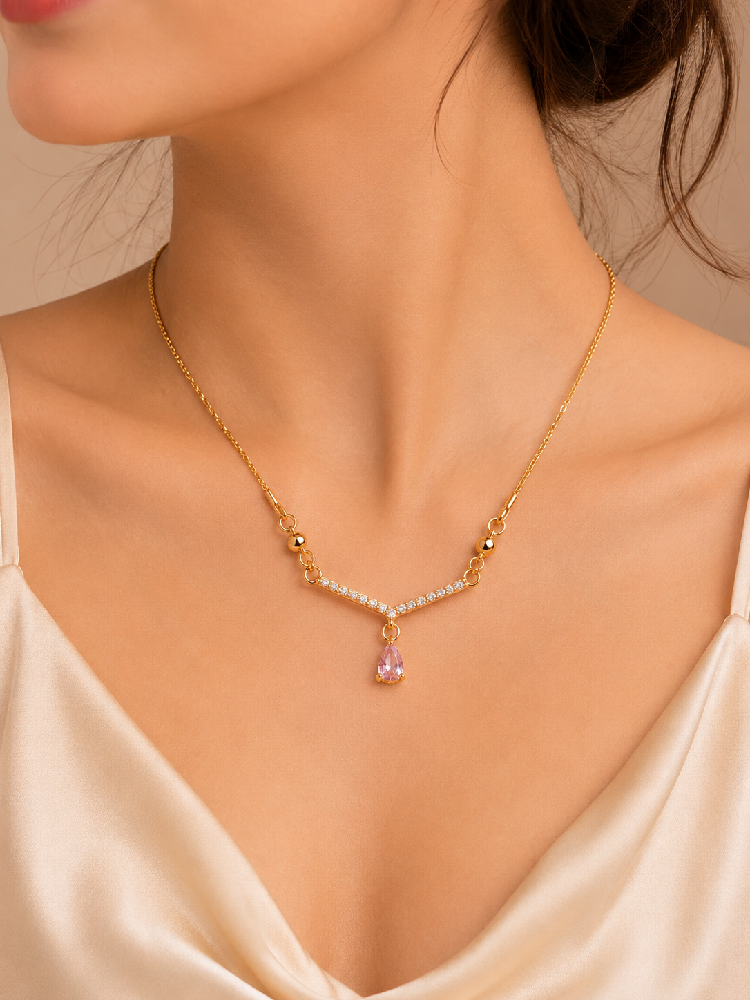 Minimalist Gold-Tone Pink Crystal Pendant Necklace