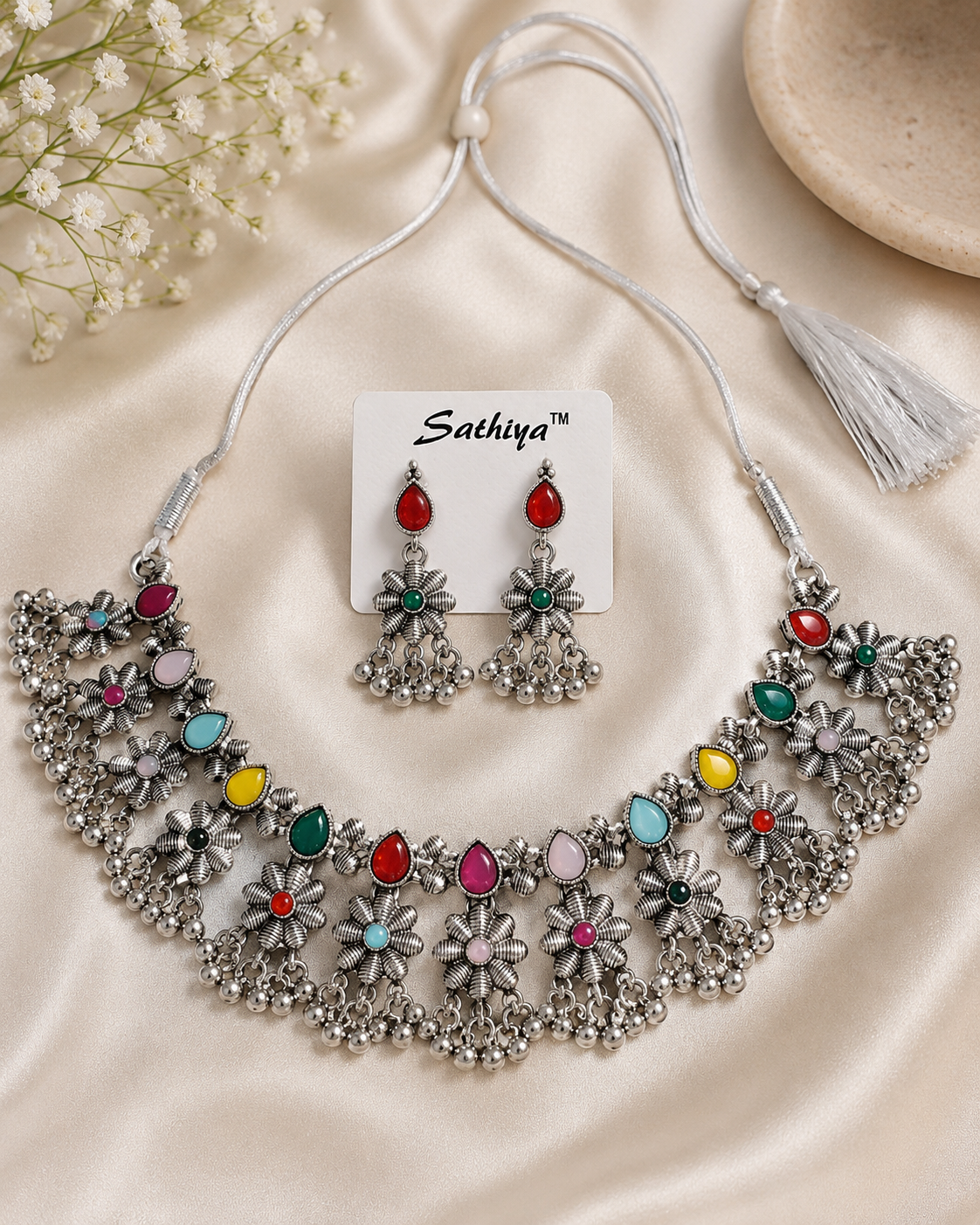Oxidised Silver Multicolor Floral Choker Set with Earrings