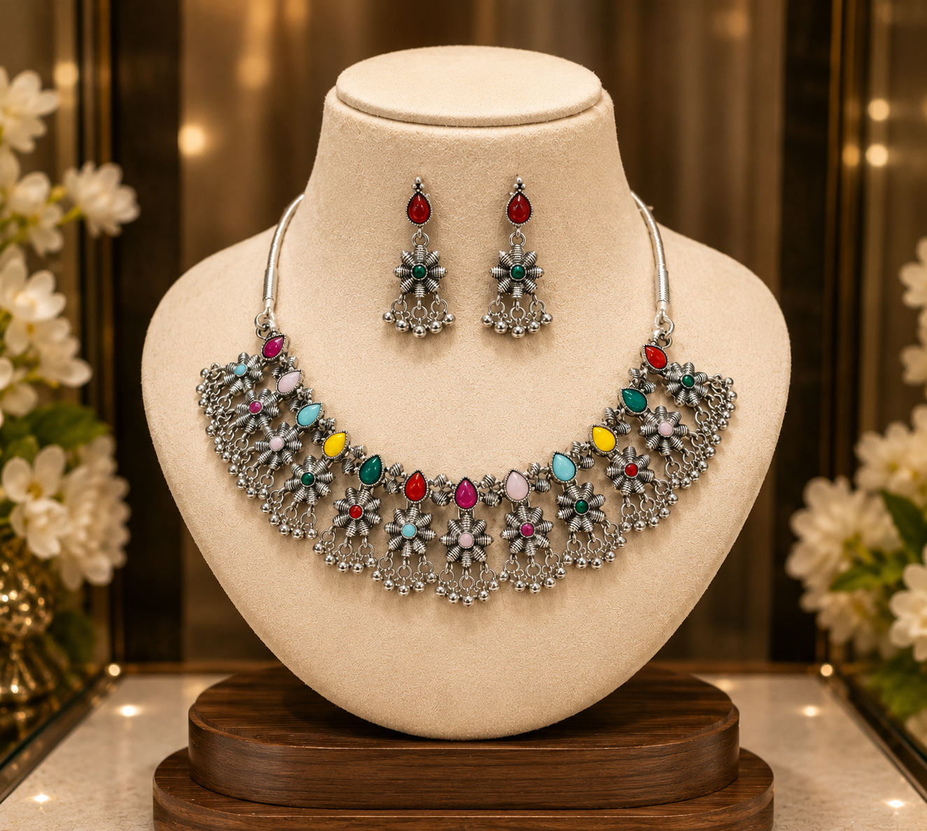 Oxidised Silver Multicolor Floral Choker Set with Earrings