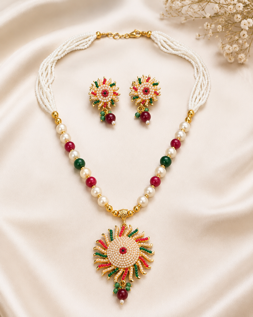 Handcrafted Pearl Beaded Sunburst Pendant Necklace Set with Matching Earrings