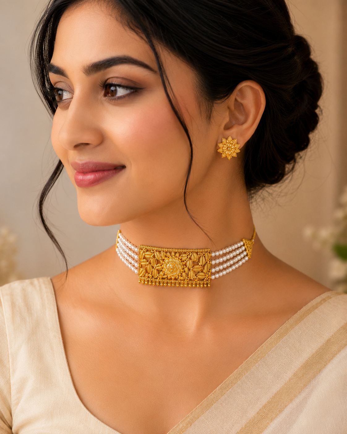 Golden Pearl Floral Choker Necklace Set with Stud Earrings