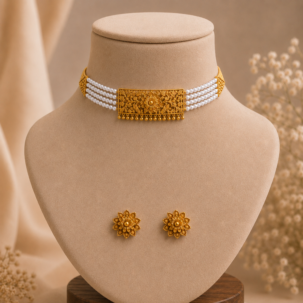 Golden Pearl Floral Choker Necklace Set with Stud Earrings