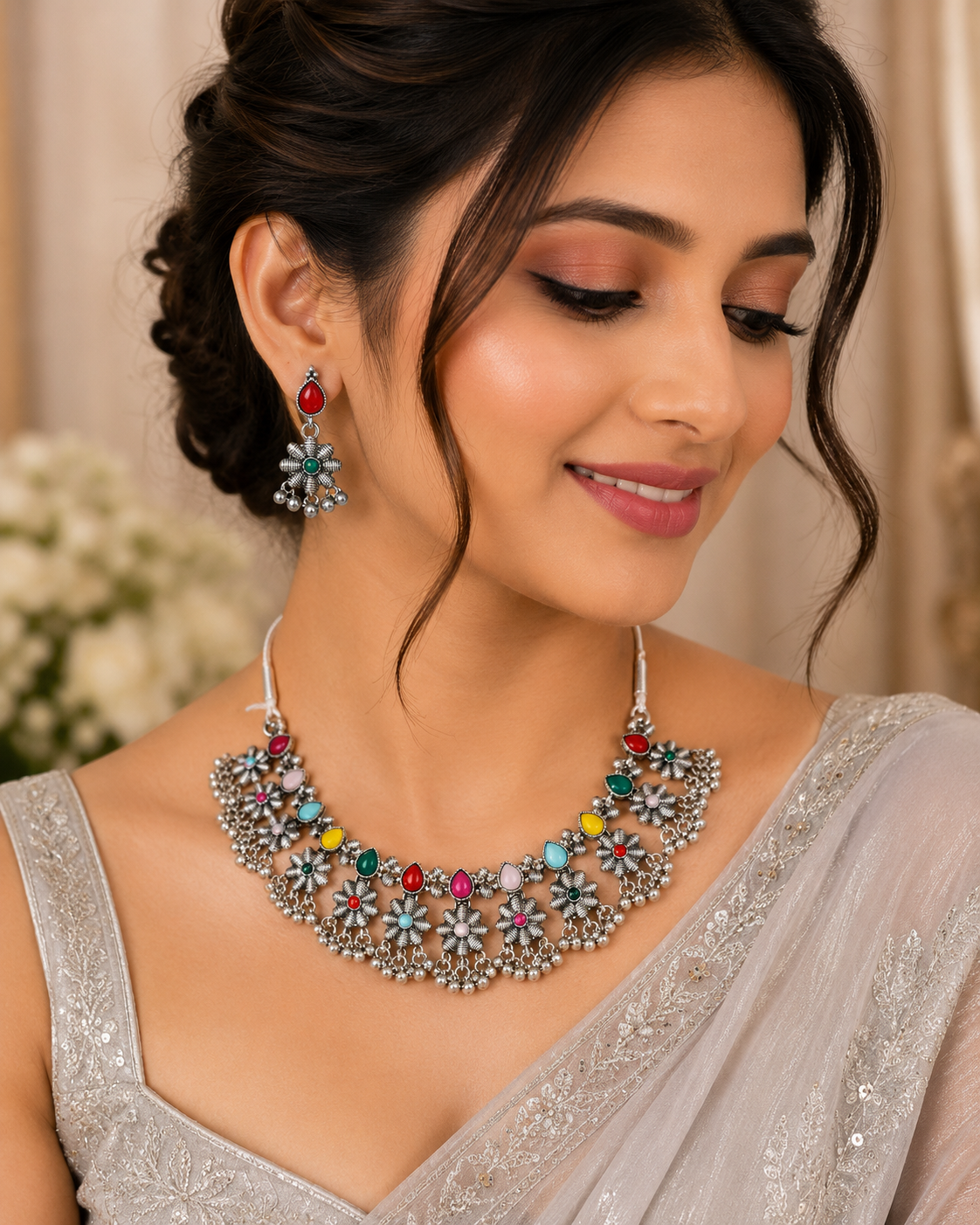 Oxidised Silver Multicolor Floral Choker Set with Earrings