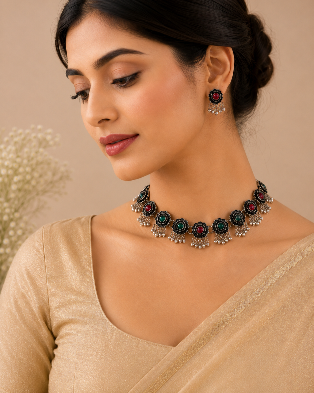 Oxidised Floral Choker Set