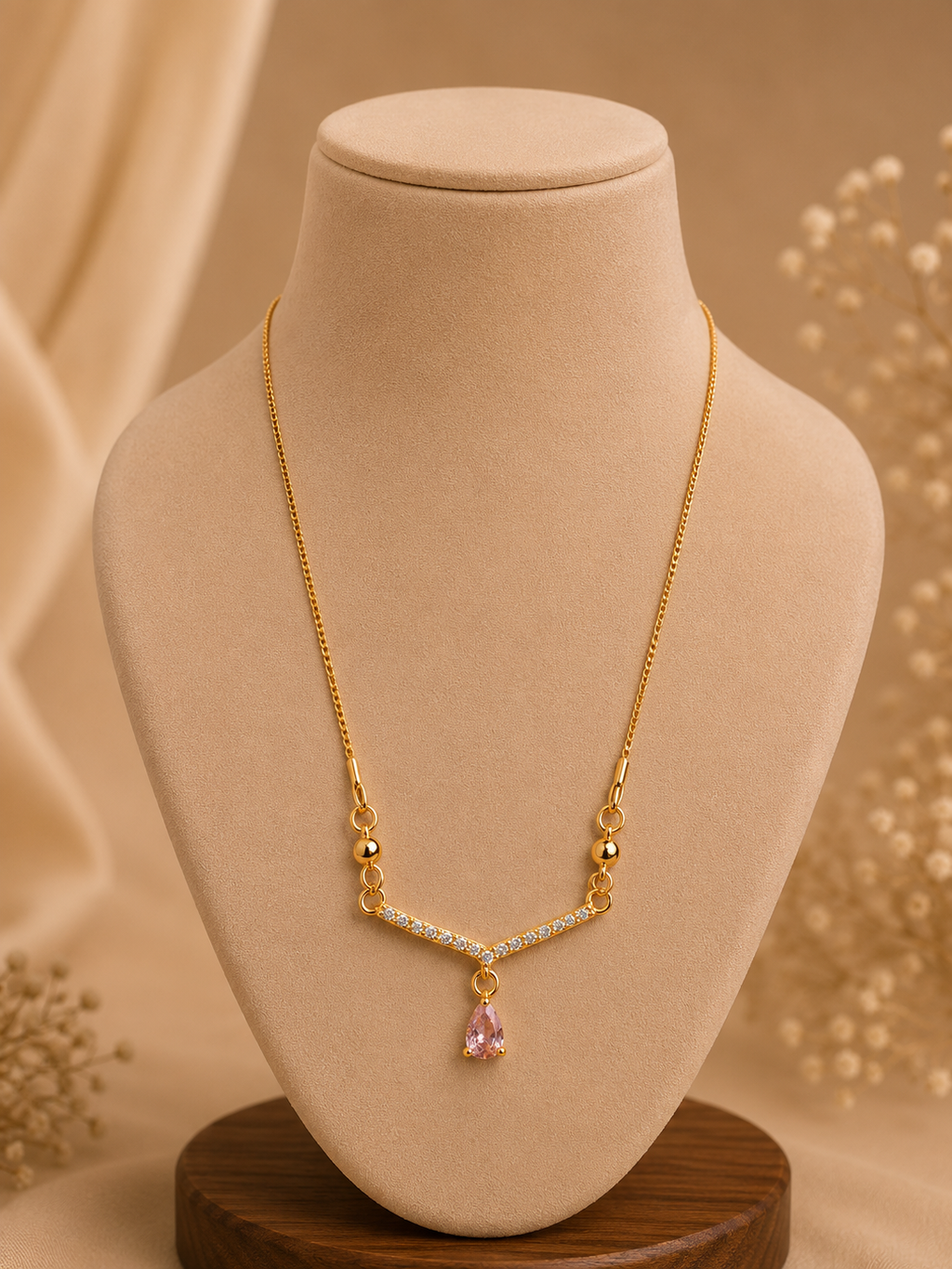 Minimalist Gold-Tone Pink Crystal Pendant Necklace