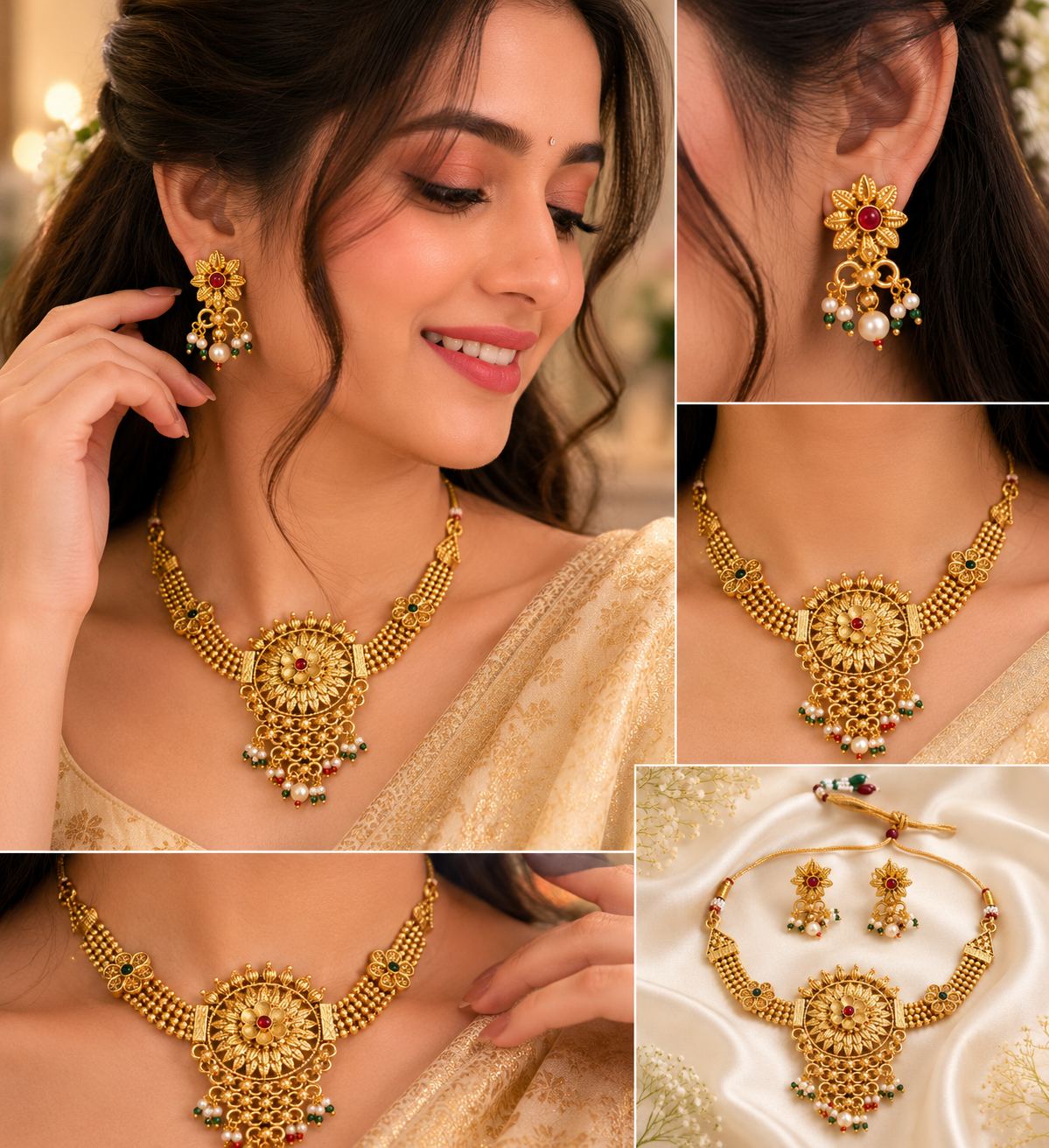Antique Gold Floral Choker Set with Earrings