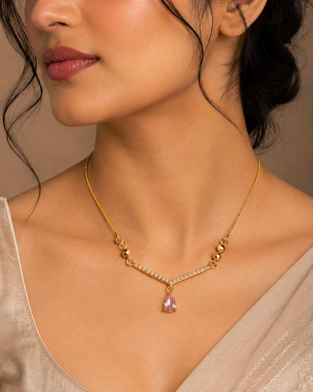 Minimalist Gold-Tone Pink Crystal Pendant Necklace