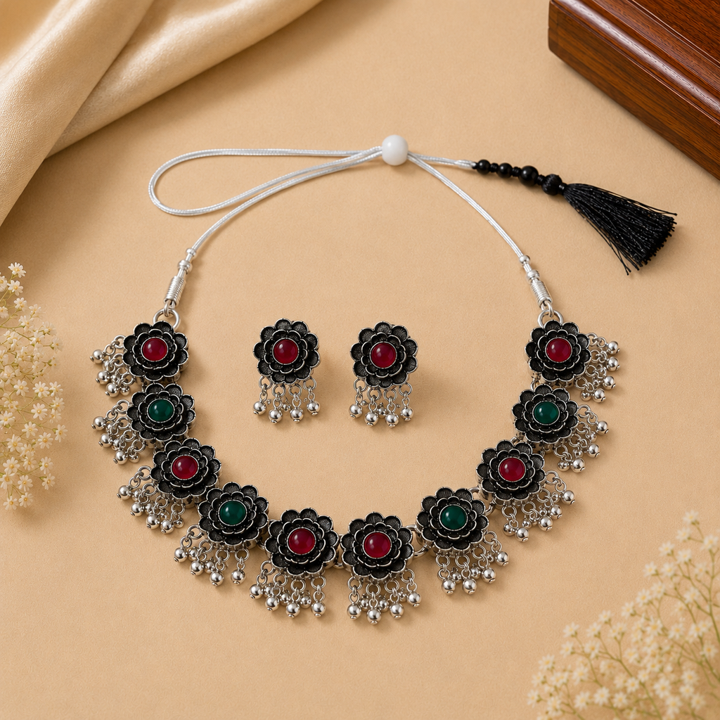 Oxidised Floral Choker Set